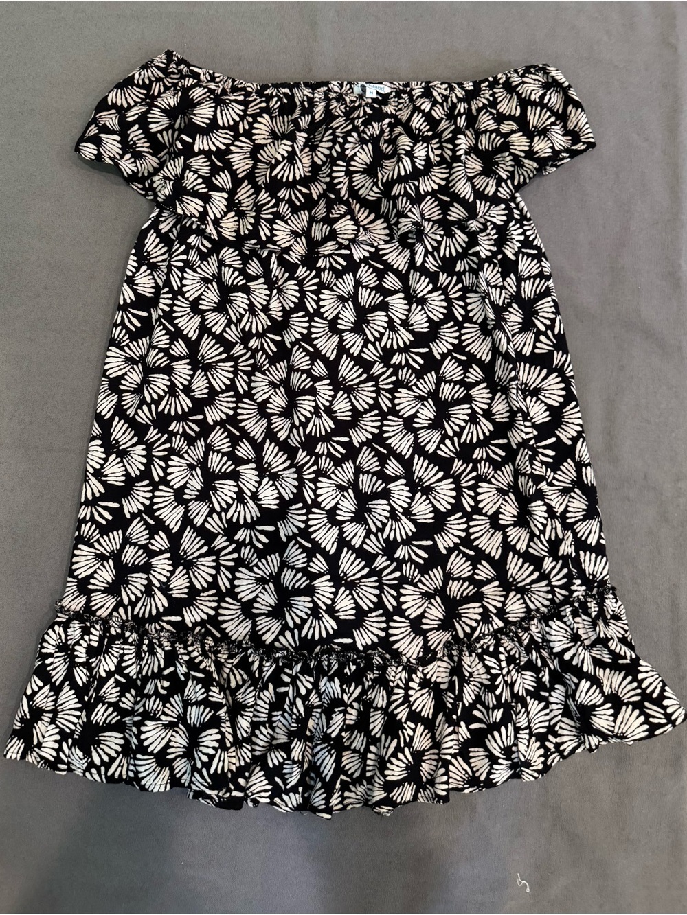 blue island Black Mini Dress with Cream Floral Print Off Shoulder Beach Pool Med